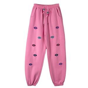 Nwot LOLA + THE BOYS Sweatpants Womens M Pink Eye Embroidery Beaded Drawstring